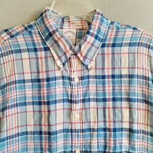 Brooks Brothers‎ Men's Large Shirt 100% Linen Short Sleeve Blue Plaid Regent Fit
